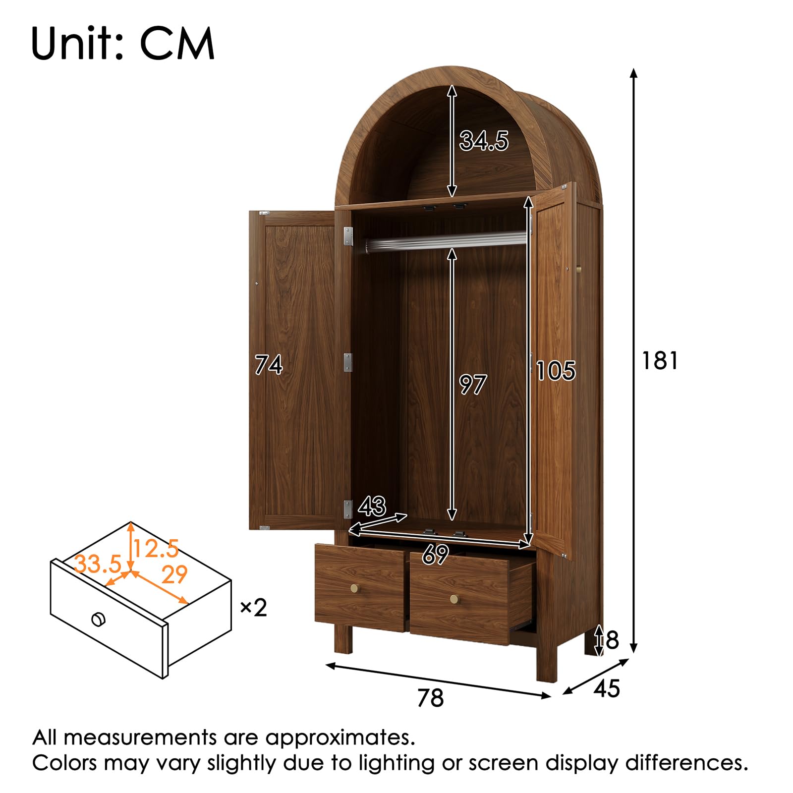 Wardrobe Bedroom, Wardrobe with Wardrobe, Wardrobe 2 Doors, Bedroom, Rattan Netting, Living Room, with Folding Bottom Lid, Particle Board and PE Rattan (Walnut-1, 78×45×181 cm) - Image 3