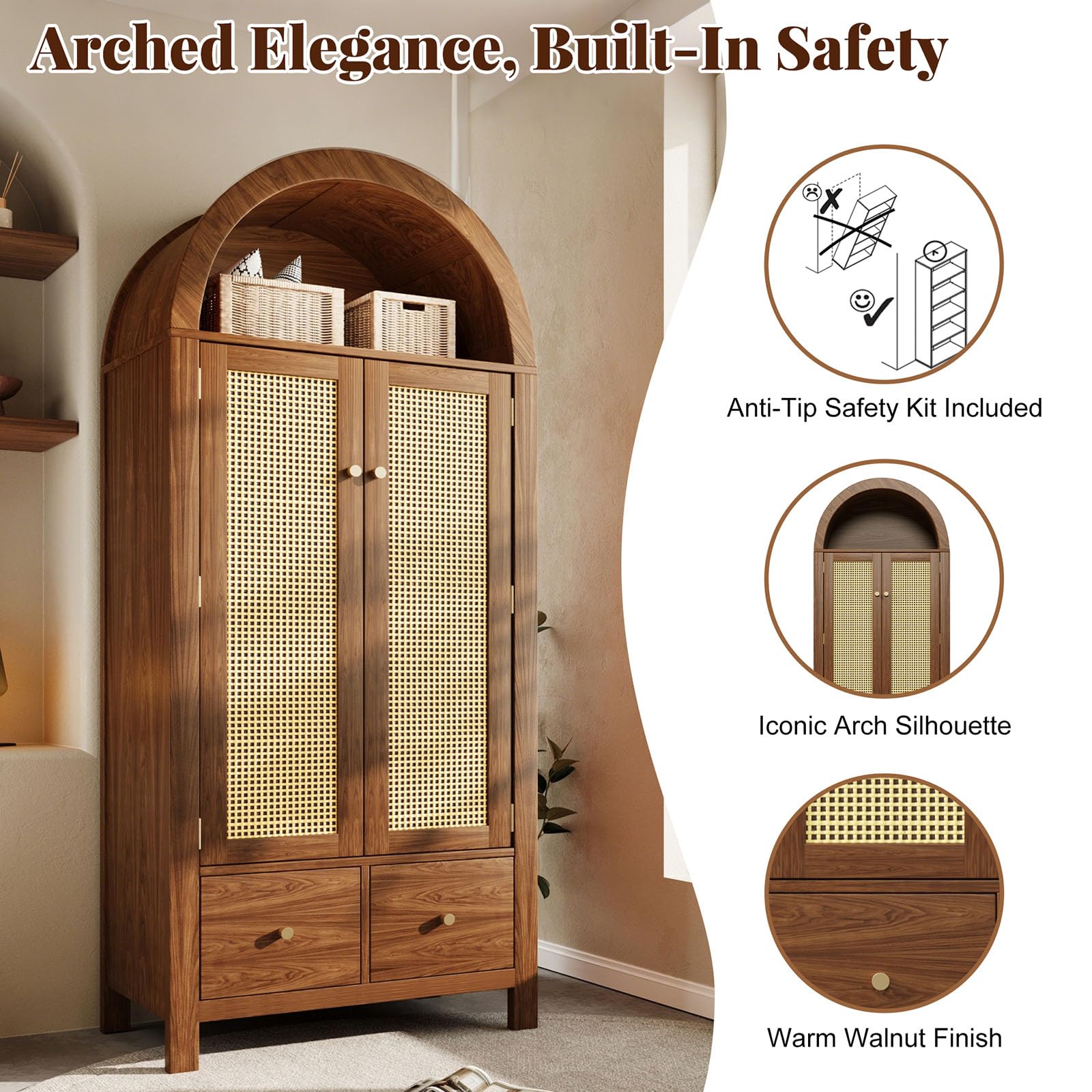 Wardrobe Bedroom, Wardrobe with Wardrobe, Wardrobe 2 Doors, Bedroom, Rattan Netting, Living Room, with Folding Bottom Lid, Particle Board and PE Rattan (Walnut-1, 78×45×181 cm) - Image 4