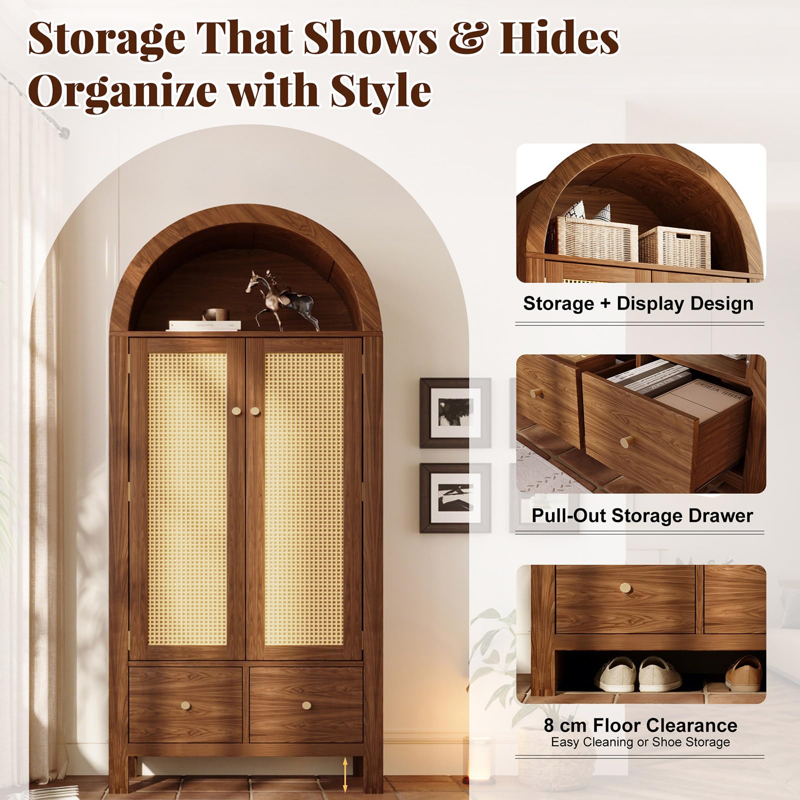 Wardrobe Bedroom, Wardrobe with Wardrobe, Wardrobe 2 Doors, Bedroom, Rattan Netting, Living Room, with Folding Bottom Lid, Particle Board and PE Rattan (Walnut-1, 78×45×181 cm) - Image 5