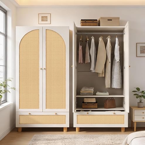 Wardrobe Bedroom, Wardrobe with Wardrobe, Wardrobe 2 Doors, Bedroom, Rattan Netting, Living Room, with Folding Bottom Lid, Particle Board and PE Rattan (Walnut-1, 78×45×181 cm) - Image 7