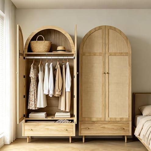 Wardrobe Bedroom, Wardrobe with Wardrobe, Wardrobe 2 Doors, Bedroom, Rattan Netting, Living Room, with Folding Bottom Lid, Particle Board and PE Rattan (Walnut-1, 78×45×181 cm) - Image 8