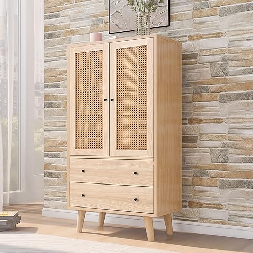 Wardrobe Bedroom, Wardrobe with Wardrobe, Wardrobe 2 Doors, Bedroom, Rattan Netting, Living Room, with Folding Bottom Lid, Particle Board and PE Rattan (Walnut-1, 78×45×181 cm) - Image 9
