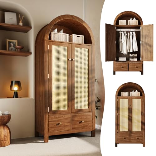 Wardrobe Bedroom, Wardrobe with Wardrobe, Wardrobe 2 Doors, Bedroom, Rattan Netting, Living Room, with Folding Bottom Lid, Particle Board and PE Rattan (Walnut-1, 78×45×181 cm) - Image 10