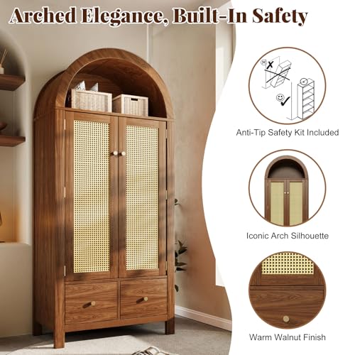 Wardrobe Bedroom, Wardrobe with Wardrobe, Wardrobe 2 Doors, Bedroom, Rattan Netting, Living Room, with Folding Bottom Lid, Particle Board and PE Rattan (Walnut-1, 78×45×181 cm) - Image 13