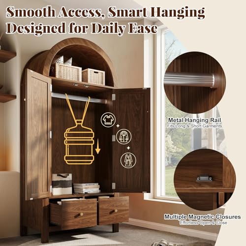 Wardrobe Bedroom, Wardrobe with Wardrobe, Wardrobe 2 Doors, Bedroom, Rattan Netting, Living Room, with Folding Bottom Lid, Particle Board and PE Rattan (Walnut-1, 78×45×181 cm) - Image 14