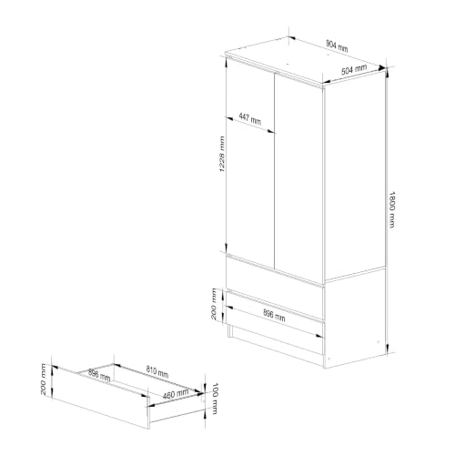 AKORD Wardrobe with 2 Doors | Bedroom Wardrobe with 2 Drawers with Shelves and a Rod | L90 x H180 x D51 cm | Laminate Panel 16 mm | Wardrobe without Wardrobe Bedroom | Dressing Room Storage Cupboard - Image 8