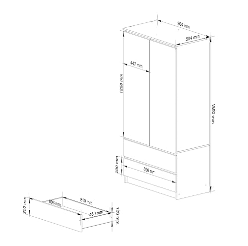 AKORD Wardrobe with 2 Doors | Bedroom Wardrobe with 2 Drawers with Shelves and a Rod | L90 x H180 x D51 cm | Laminate Panel 16 mm | Wardrobe without Wardrobe Bedroom | Dressing Room Storage Cupboard - Image 8