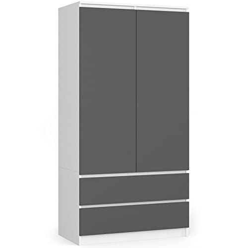 AKORD Wardrobe with 2 Doors | Bedroom Wardrobe with 2 Drawers with Shelves and a Rod | 90 x 180 x 51 cm | Wardrobe without Wardrobe Bedroom | Wardrobe Storage Cupboard | White & Graphite Grey Front - Image 7
