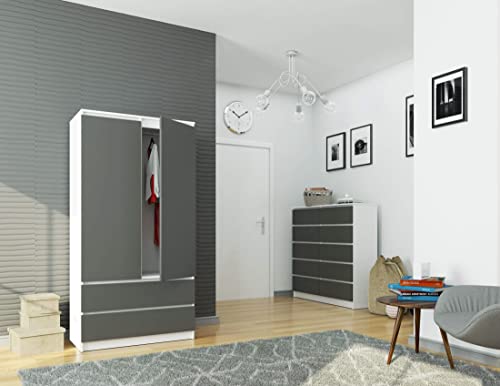 AKORD Wardrobe with 2 Doors | Bedroom Wardrobe with 2 Drawers with Shelves and a Rod | 90 x 180 x 51 cm | Wardrobe without Wardrobe Bedroom | Wardrobe Storage Cupboard | White & Graphite Grey Front - Image 8