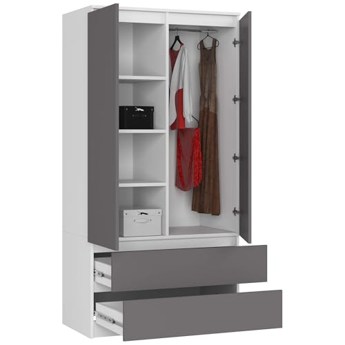 AKORD Wardrobe with 2 Doors | Bedroom Wardrobe with 2 Drawers with Shelves and a Rod | 90 x 180 x 51 cm | Wardrobe without Wardrobe Bedroom | Wardrobe Storage Cupboard | White & Graphite Grey Front - Image 10