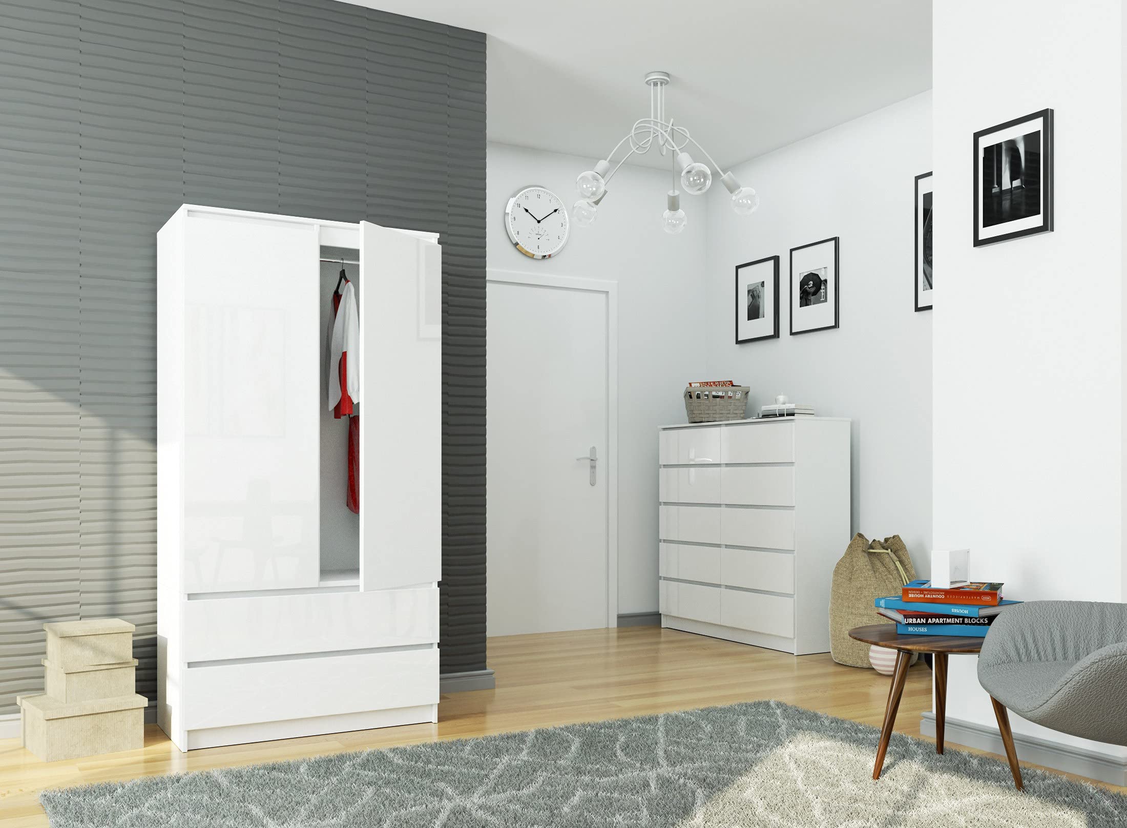 AKORD Wardrobe with 2 Doors | Bedroom Wardrobe with 2 Drawers with Shelves and a Rod | L90 x H180 x D51 cm | Laminate Panel 16 mm | Wardrobe without Wardrobe Bedroom | Dressing Room Storage Cupboard - Image 1