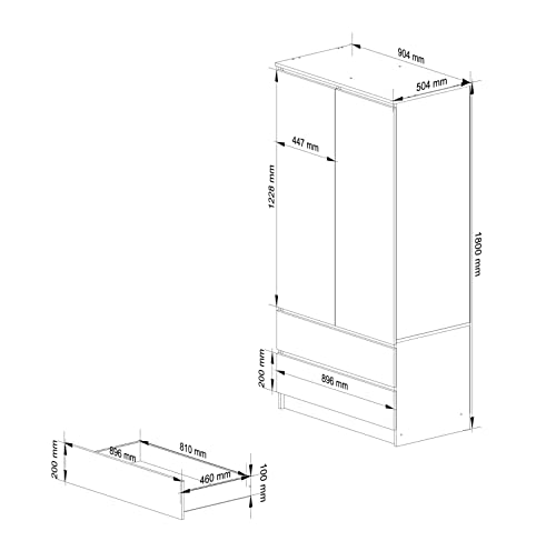 AKORD Wardrobe with 2 Doors | Bedroom Wardrobe with 2 Drawers with Shelves and a Rod | L90 x H180 x D51 cm | Laminate Panel 16 mm | Wardrobe without Wardrobe Bedroom | Dressing Room Storage Cupboard - Image 7