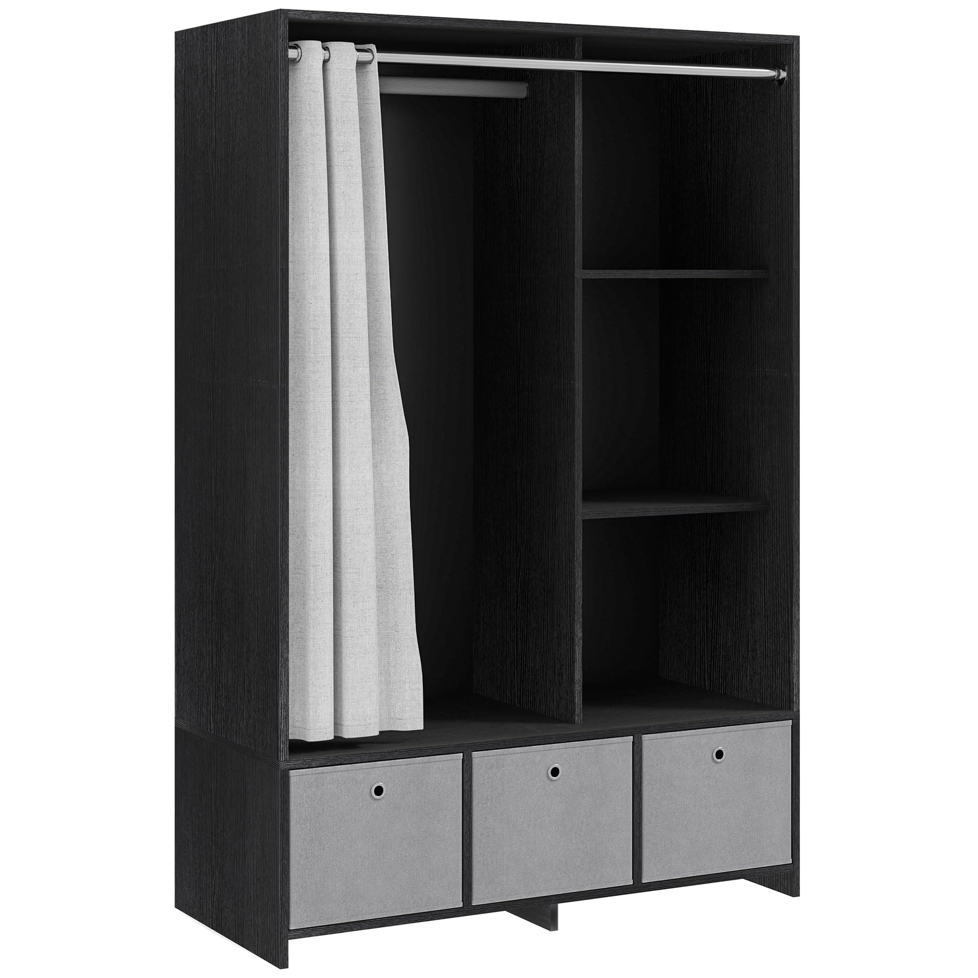 HOMCOM Wardrobe with Curtain, Wardrobe with Curtain, Bedroom Wardrobe with Rod, 3 Compartments and 3 Removable Fabric Drawers – 105 x 48 x 160 cm, Black - Image 1