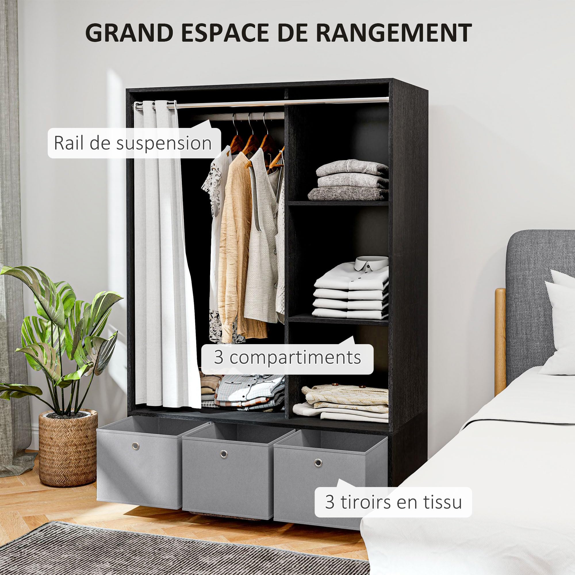 HOMCOM Wardrobe with Curtain, Wardrobe with Curtain, Bedroom Wardrobe with Rod, 3 Compartments and 3 Removable Fabric Drawers – 105 x 48 x 160 cm, Black - Image 3