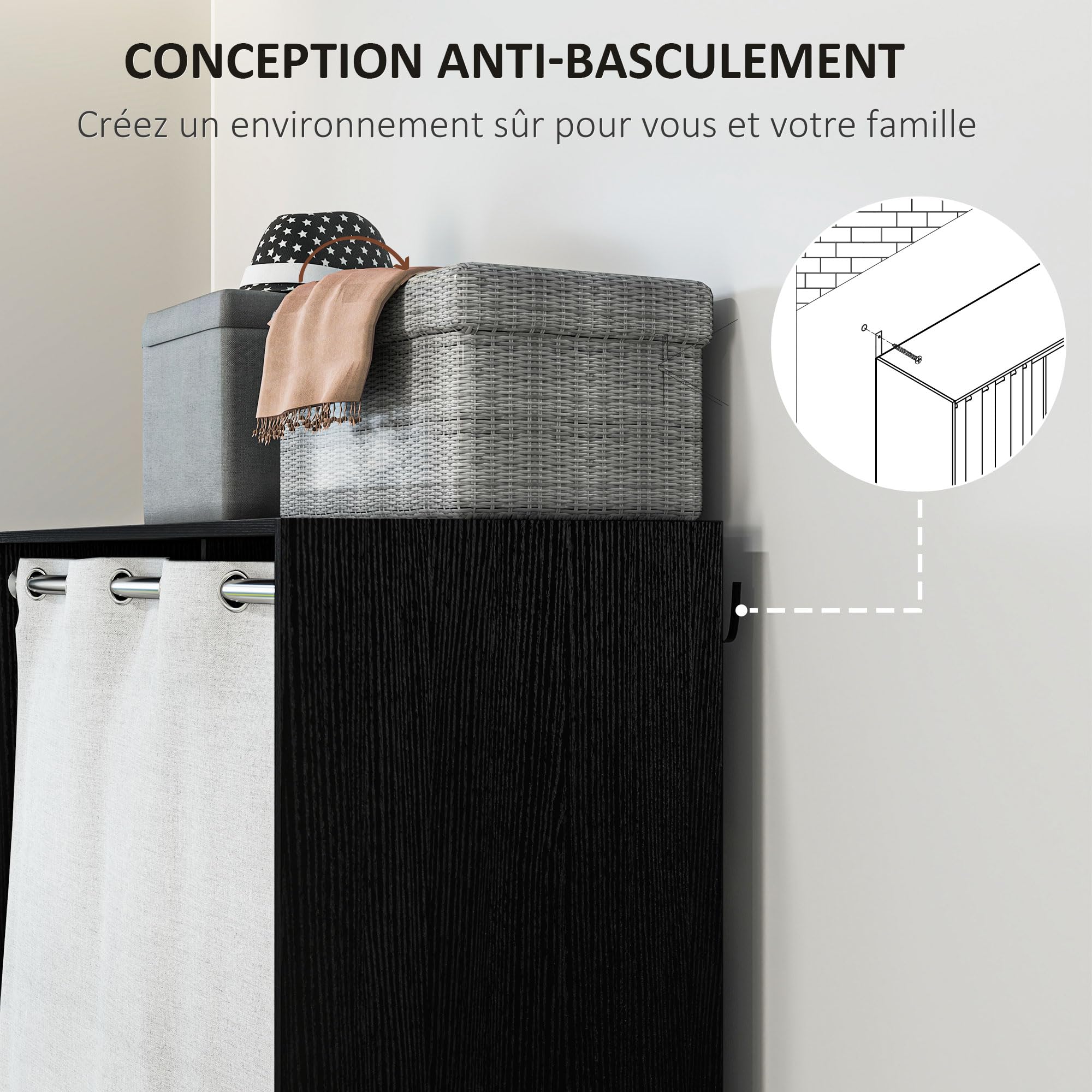 HOMCOM Wardrobe with Curtain, Wardrobe with Curtain, Bedroom Wardrobe with Rod, 3 Compartments and 3 Removable Fabric Drawers – 105 x 48 x 160 cm, Black - Image 4