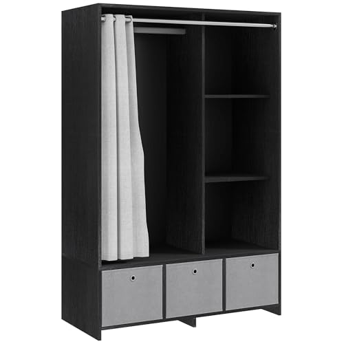 HOMCOM Wardrobe with Curtain, Wardrobe with Curtain, Bedroom Wardrobe with Rod, 3 Compartments and 3 Removable Fabric Drawers – 105 x 48 x 160 cm, Black - Image 6