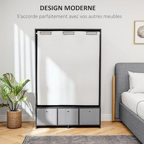 HOMCOM Wardrobe with Curtain, Wardrobe with Curtain, Bedroom Wardrobe with Rod, 3 Compartments and 3 Removable Fabric Drawers – 105 x 48 x 160 cm, Black - Image 7