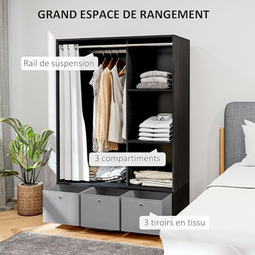 HOMCOM Wardrobe with Curtain, Wardrobe with Curtain, Bedroom Wardrobe with Rod, 3 Compartments and 3 Removable Fabric Drawers – 105 x 48 x 160 cm, Black - Image 8