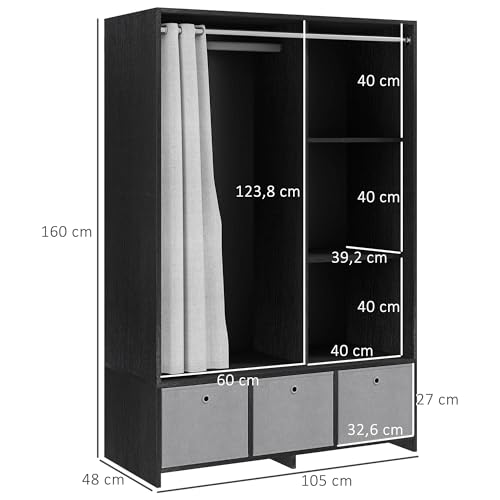 HOMCOM Wardrobe with Curtain, Wardrobe with Curtain, Bedroom Wardrobe with Rod, 3 Compartments and 3 Removable Fabric Drawers – 105 x 48 x 160 cm, Black - Image 11
