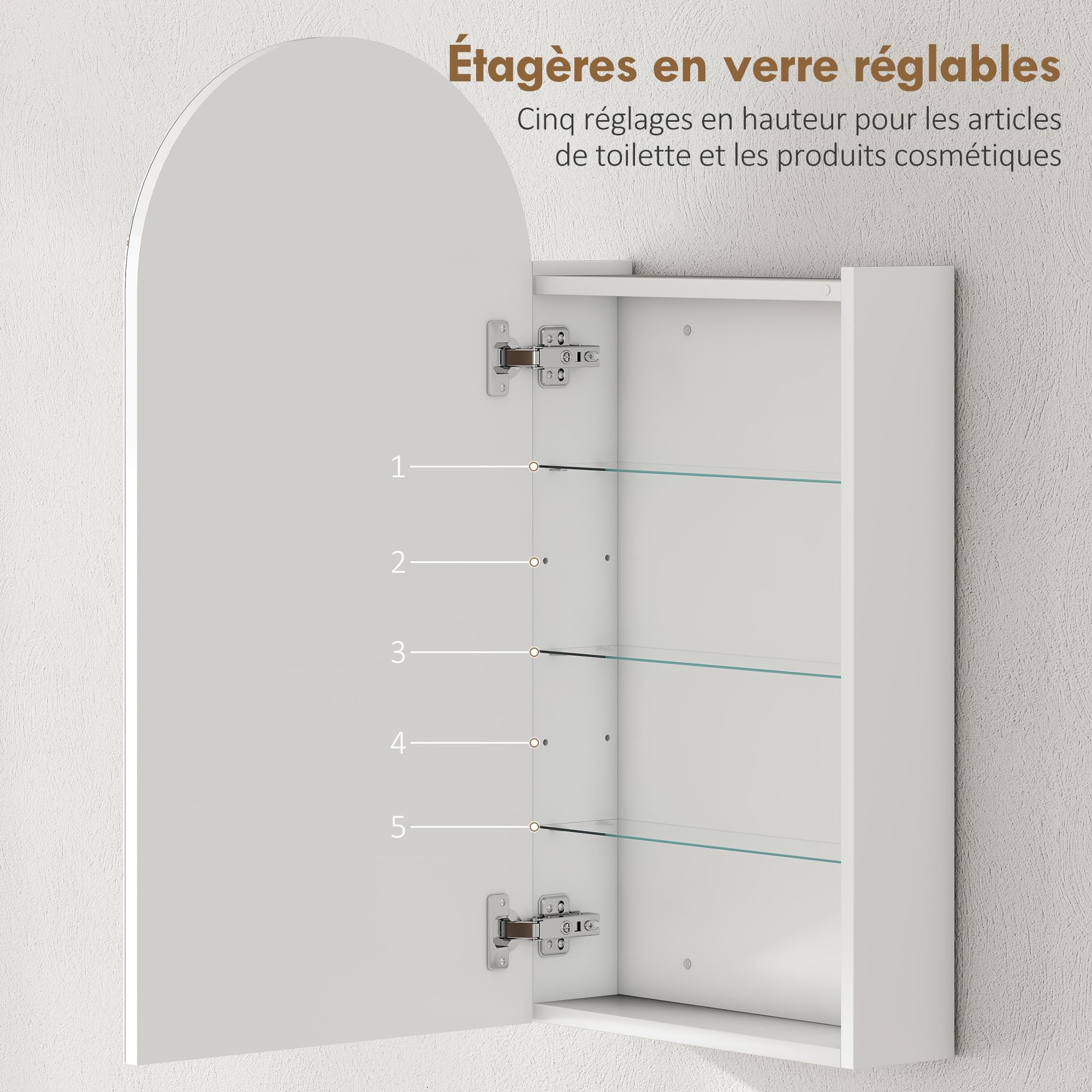 HOMCOM Bathroom Wall Cabinet with Mirror, 40 x 12 x 80 cm, Bathroom Cabinet, Frameless Arch Bathroom Cabinet and Adjustable Glass Shelves, White - Image 5