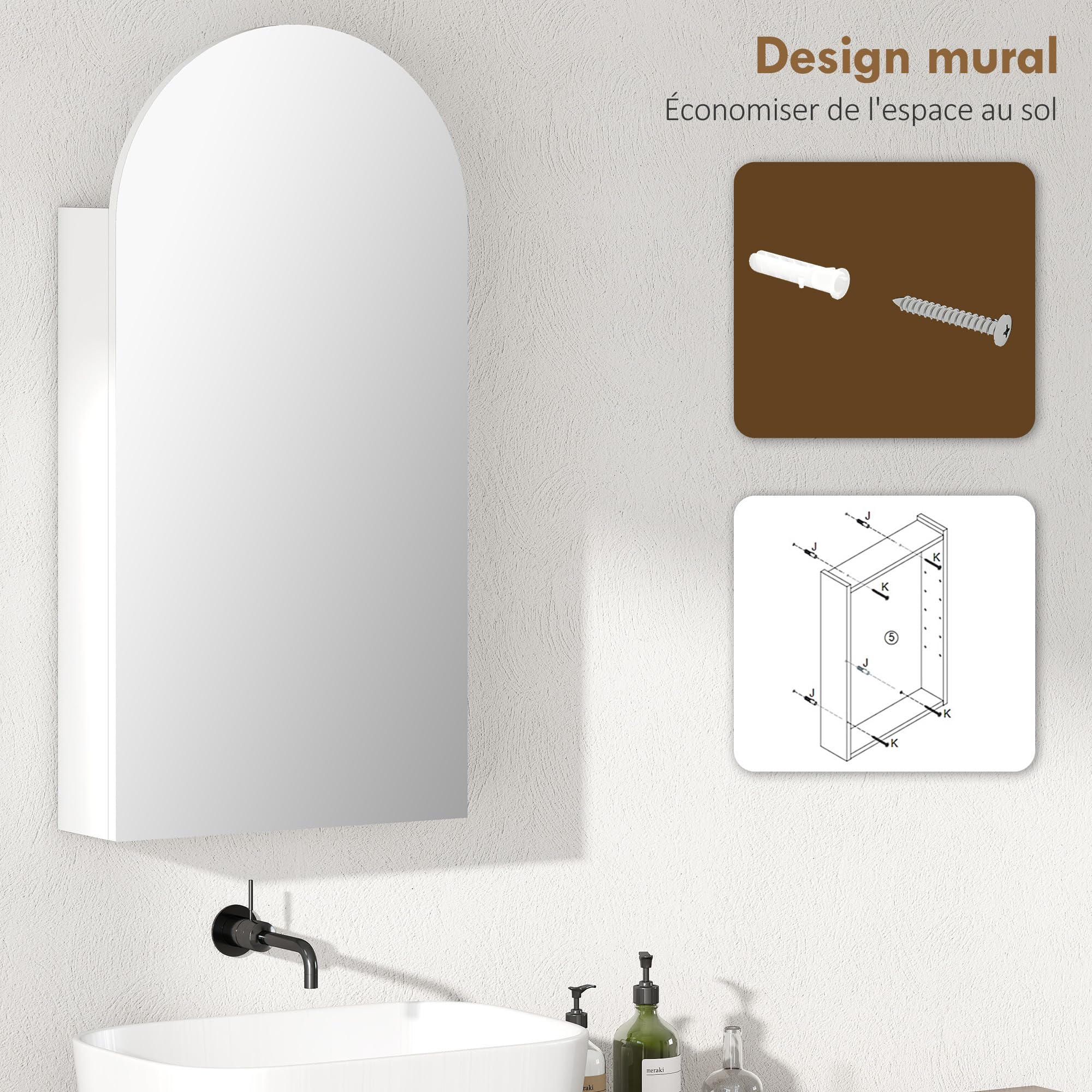 HOMCOM Bathroom Wall Cabinet with Mirror, 40 x 12 x 80 cm, Bathroom Cabinet, Frameless Arch Bathroom Cabinet and Adjustable Glass Shelves, White - Image 6