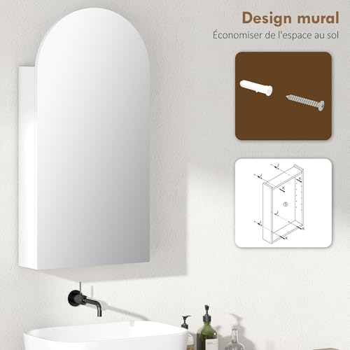 HOMCOM Bathroom Wall Cabinet with Mirror, 40 x 12 x 80 cm, Bathroom Cabinet, Frameless Arch Bathroom Cabinet and Adjustable Glass Shelves, White - Image 12
