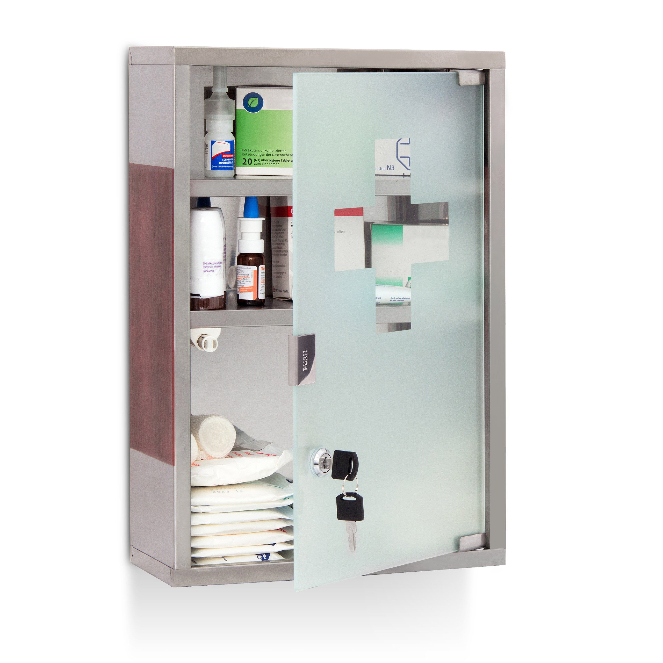 Relaxdays EMERGENCY XL Medicine Cabinet Stainless Steel and Wood, Large, Size: 45 x 30 x 12 cm, 3 Shelves, Lockable, 2 Buttons, Silver/Brown - Image 1