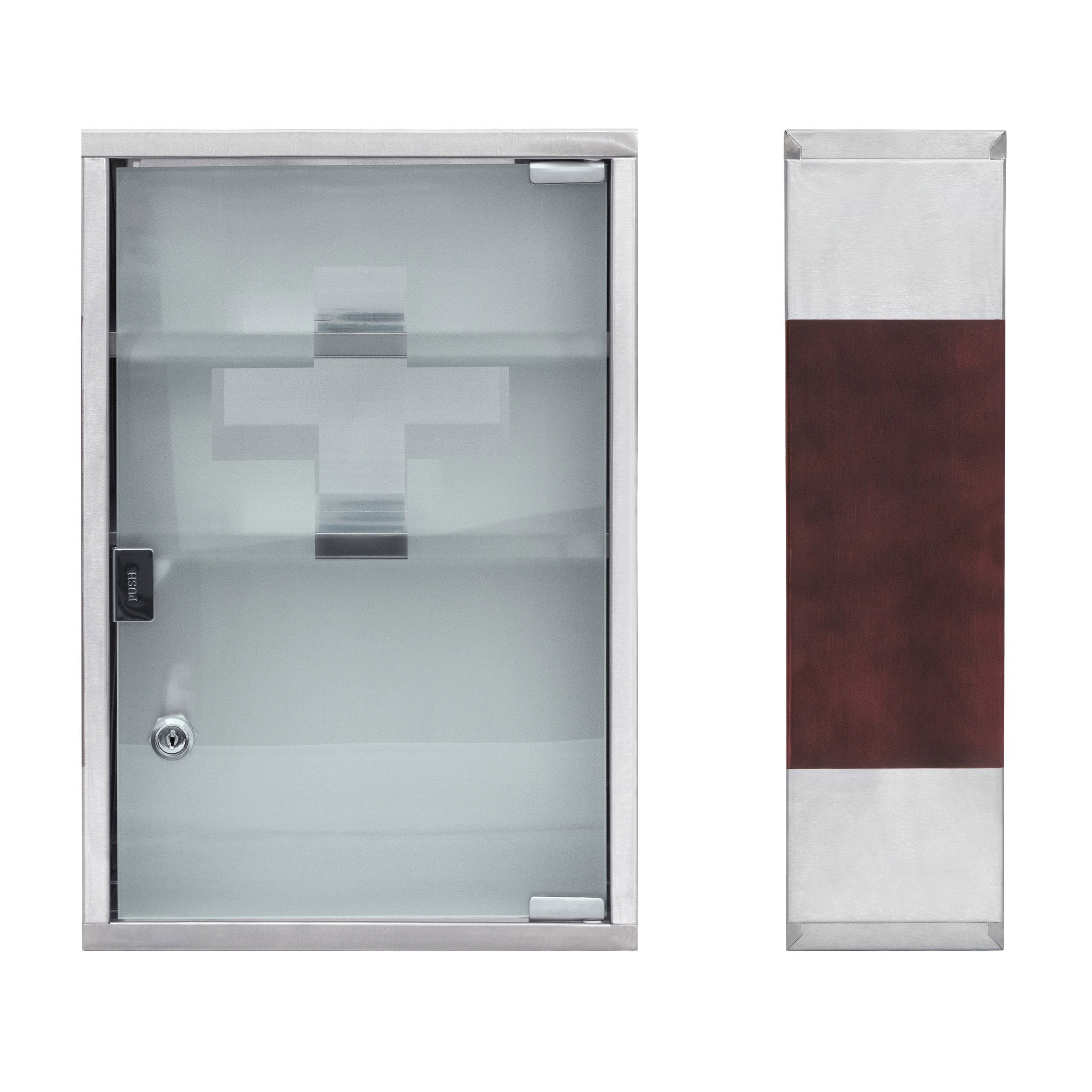 Relaxdays EMERGENCY XL Medicine Cabinet Stainless Steel and Wood, Large, Size: 45 x 30 x 12 cm, 3 Shelves, Lockable, 2 Buttons, Silver/Brown - Image 4
