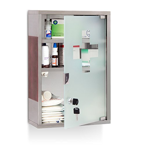 Relaxdays EMERGENCY XL Medicine Cabinet Stainless Steel and Wood, Large, Size: 45 x 30 x 12 cm, 3 Shelves, Lockable, 2 Buttons, Silver/Brown - Image 5