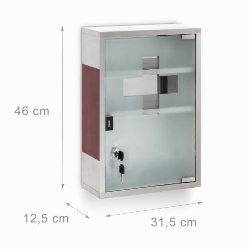 Relaxdays EMERGENCY XL Medicine Cabinet Stainless Steel and Wood, Large, Size: 45 x 30 x 12 cm, 3 Shelves, Lockable, 2 Buttons, Silver/Brown - Image 7