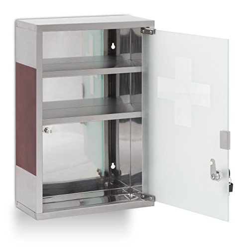 Relaxdays EMERGENCY XL Medicine Cabinet Stainless Steel and Wood, Large, Size: 45 x 30 x 12 cm, 3 Shelves, Lockable, 2 Buttons, Silver/Brown - Image 8