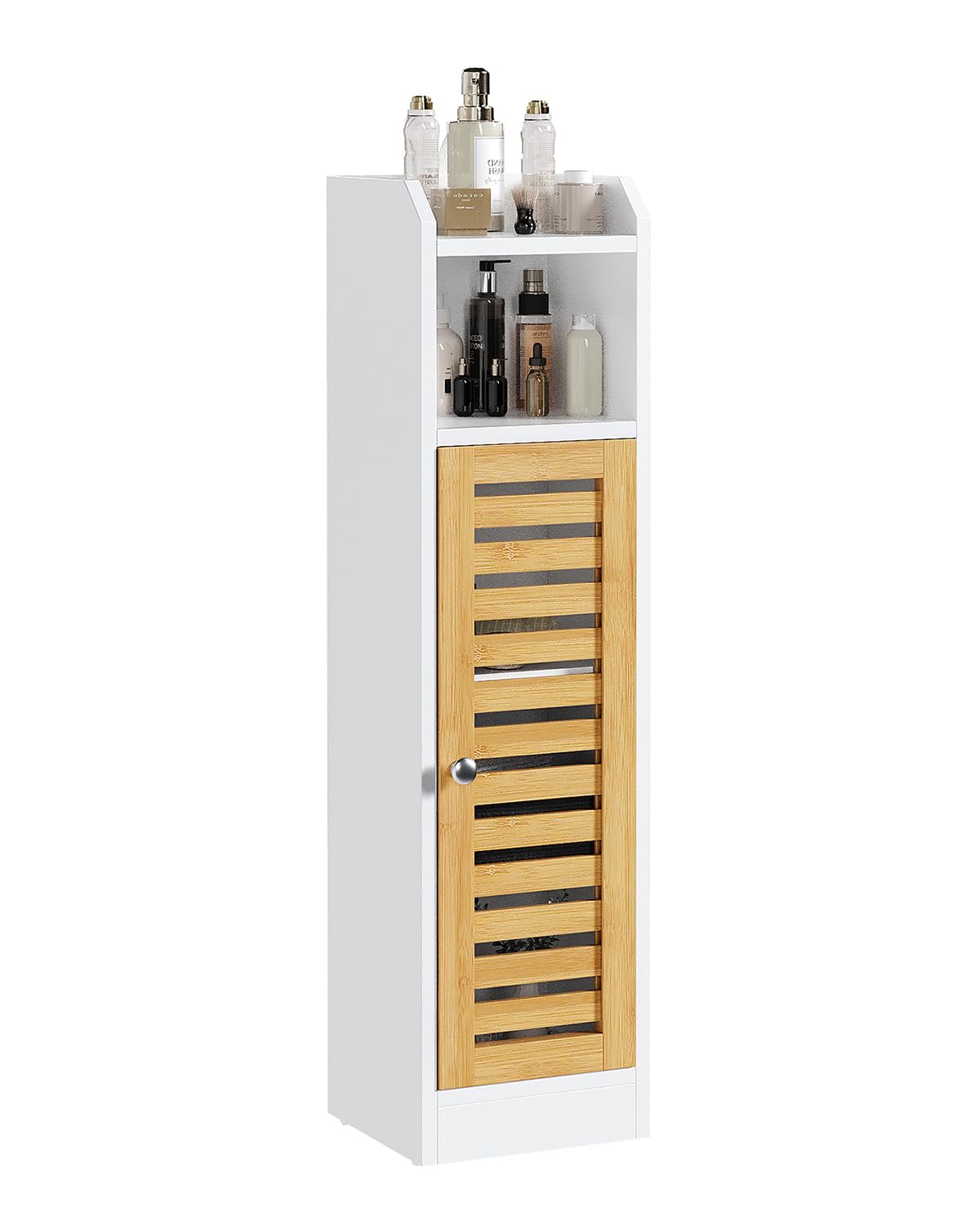 Bathroom Cabinet Storage Unit with 2 Adjustable Shelves and 2 Open Shelves, Bathroom Cabinet with Bamboo Door, Column, Bathroom Cabinet, 20 x 20 x 80 cm, White - Image 1
