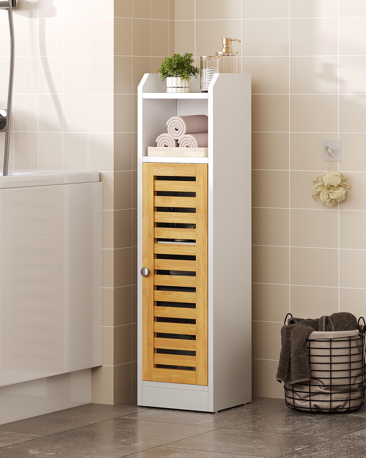 Bathroom Cabinet Storage Unit with 2 Adjustable Shelves and 2 Open Shelves, Bathroom Cabinet with Bamboo Door, Column, Bathroom Cabinet, 20 x 20 x 80 cm, White - Image 2