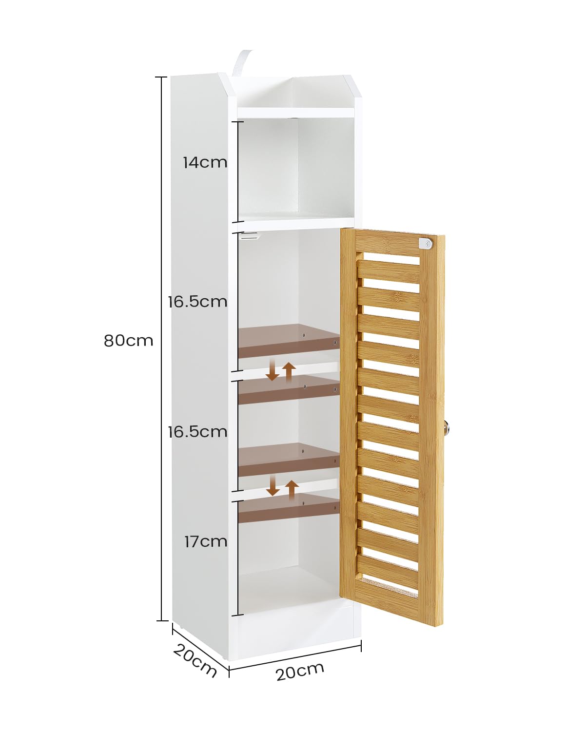 Bathroom Cabinet Storage Unit with 2 Adjustable Shelves and 2 Open Shelves, Bathroom Cabinet with Bamboo Door, Column, Bathroom Cabinet, 20 x 20 x 80 cm, White - Image 3