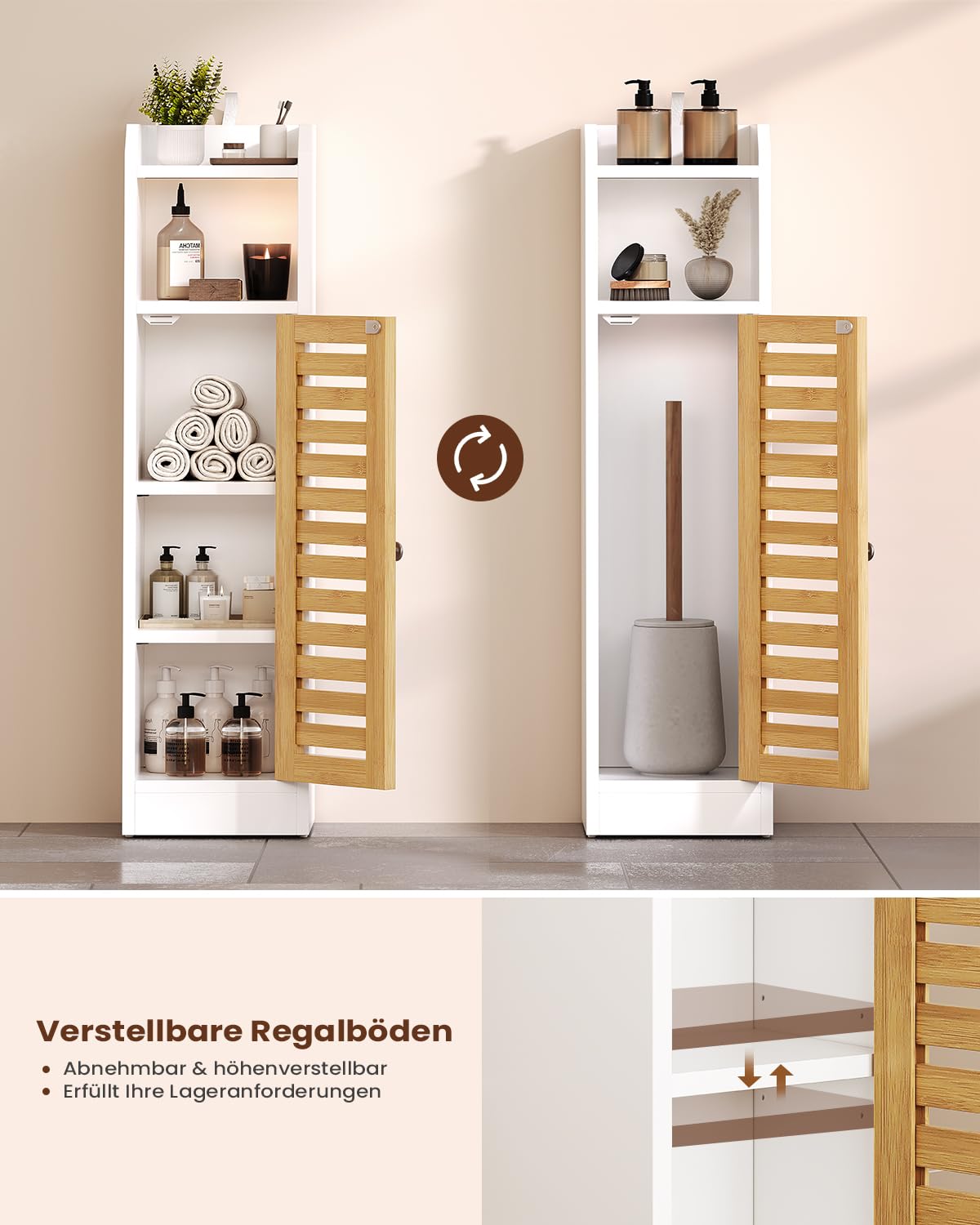 Bathroom Cabinet Storage Unit with 2 Adjustable Shelves and 2 Open Shelves, Bathroom Cabinet with Bamboo Door, Column, Bathroom Cabinet, 20 x 20 x 80 cm, White - Image 4