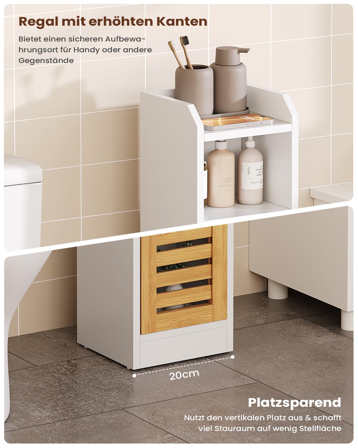 Bathroom Cabinet Storage Unit with 2 Adjustable Shelves and 2 Open Shelves, Bathroom Cabinet with Bamboo Door, Column, Bathroom Cabinet, 20 x 20 x 80 cm, White - Image 5