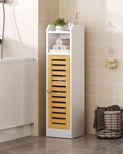 Bathroom Cabinet Storage Unit with 2 Adjustable Shelves and 2 Open Shelves, Bathroom Cabinet with Bamboo Door, Column, Bathroom Cabinet, 20 x 20 x 80 cm, White - Image 7