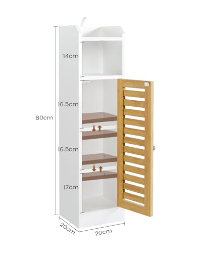 Bathroom Cabinet Storage Unit with 2 Adjustable Shelves and 2 Open Shelves, Bathroom Cabinet with Bamboo Door, Column, Bathroom Cabinet, 20 x 20 x 80 cm, White - Image 8