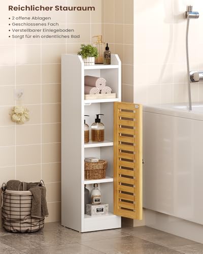 Bathroom Cabinet Storage Unit with 2 Adjustable Shelves and 2 Open Shelves, Bathroom Cabinet with Bamboo Door, Column, Bathroom Cabinet, 20 x 20 x 80 cm, White - Image 10