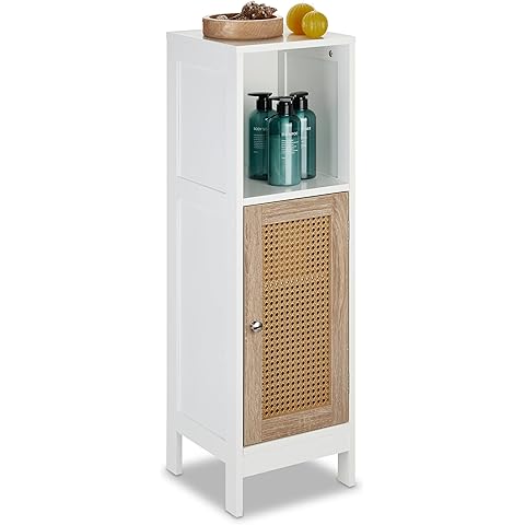 Bathroom Cabinet Storage Unit with 2 Adjustable Shelves and 2 Open Shelves, Bathroom Cabinet with Bamboo Door, Column, Bathroom Cabinet, 20 x 20 x 80 cm, White - Image 13