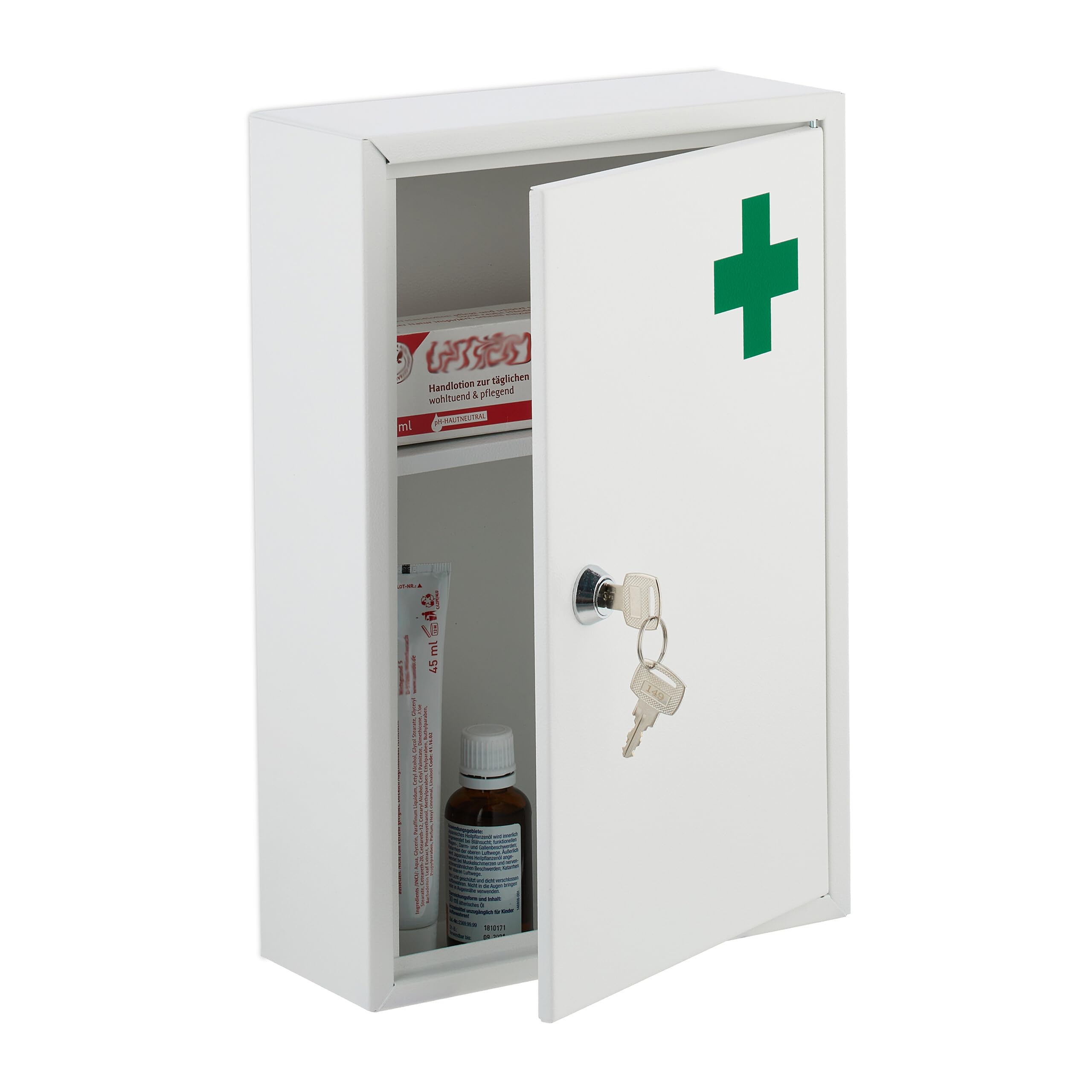 Relaxdays Medicine Cabinet, Lockable, 2 Levels, Steel, HxWxD: 32x21.5x8cm, for Medicine, Hanging, White - Image 1