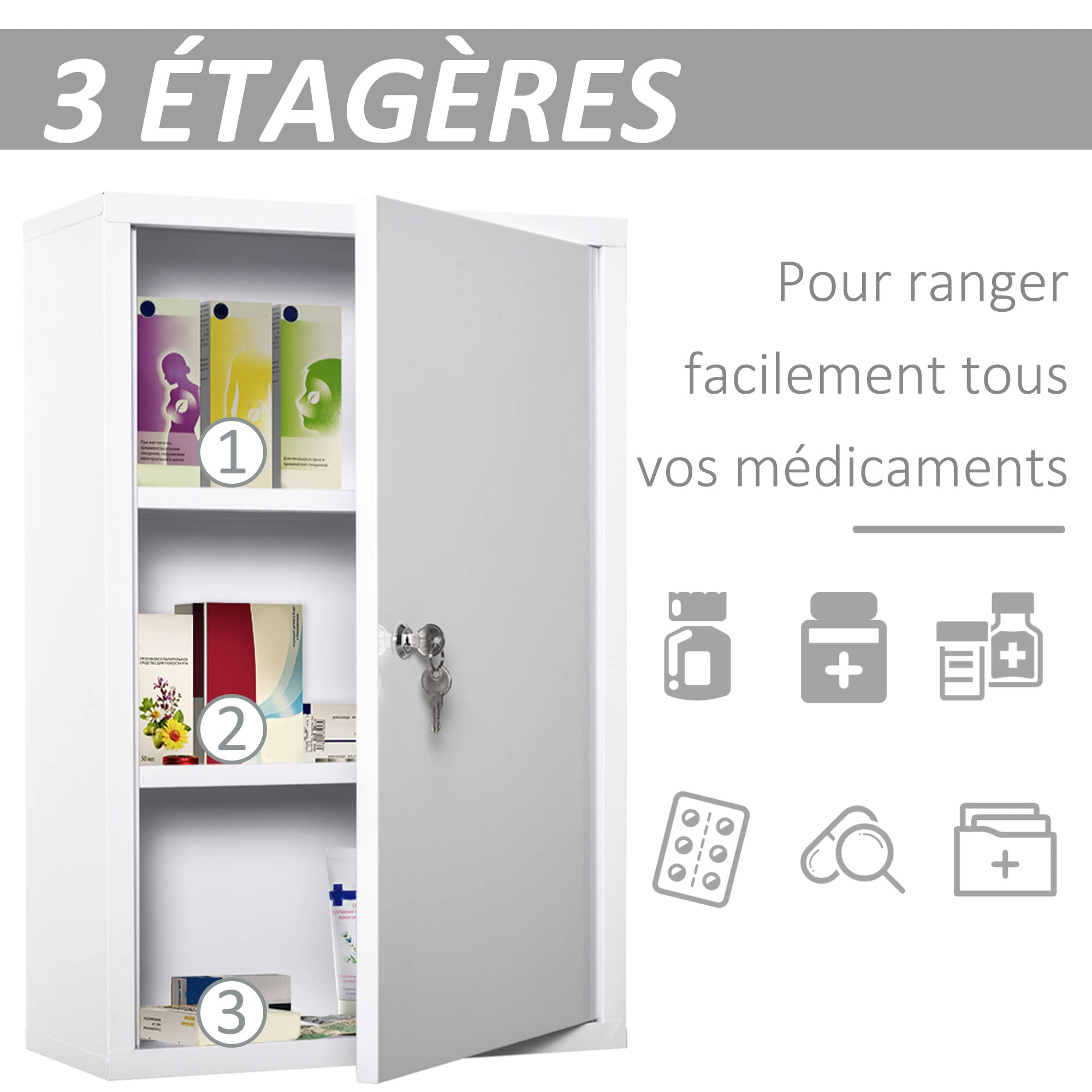 kleankin Medicine Cabinet 2 Shelves 3 Levels Lockable Dim. 40L x 18W x 60H cm 2 Keys Metal White - Image 2