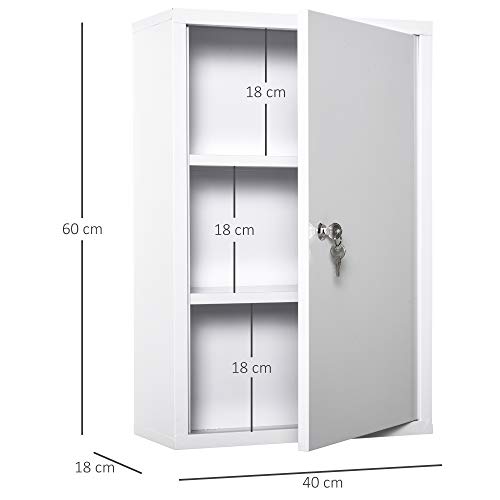 kleankin Medicine Cabinet 2 Shelves 3 Levels Lockable Dim. 40L x 18W x 60H cm 2 Keys Metal White - Image 6