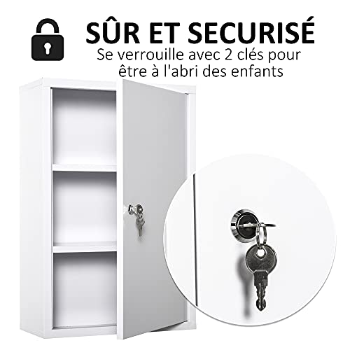 kleankin Medicine Cabinet 2 Shelves 3 Levels Lockable Dim. 40L x 18W x 60H cm 2 Keys Metal White - Image 7