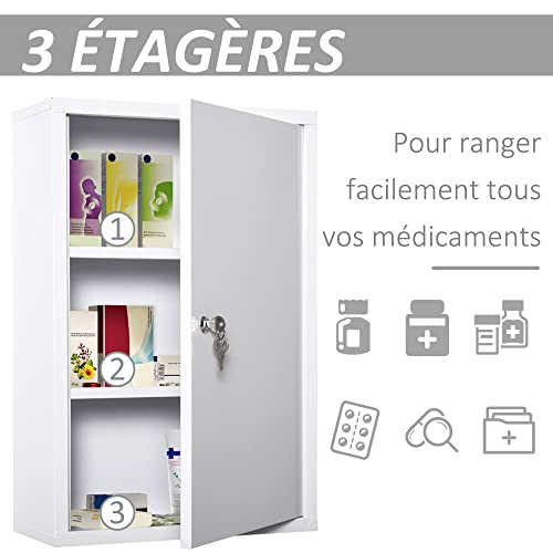 kleankin Medicine Cabinet 2 Shelves 3 Levels Lockable Dim. 40L x 18W x 60H cm 2 Keys Metal White - Image 8