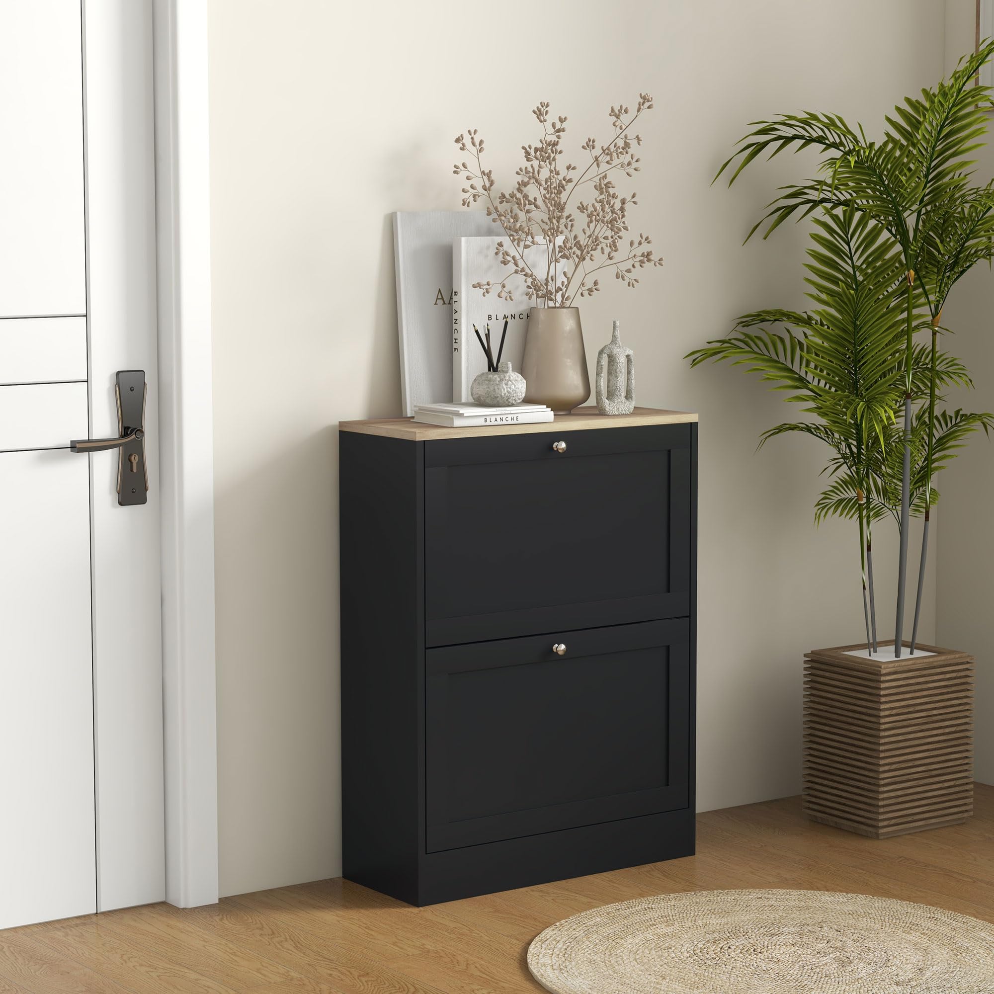 HOMCOM 12 Pairs Shoe Cabinet Narrow Modern Shoe Cabinet with 2 Folding Drawers and Adjustable Shelves for Hallway and Entryway, 60 x 23.5 x 80 cm, Black - Image 2