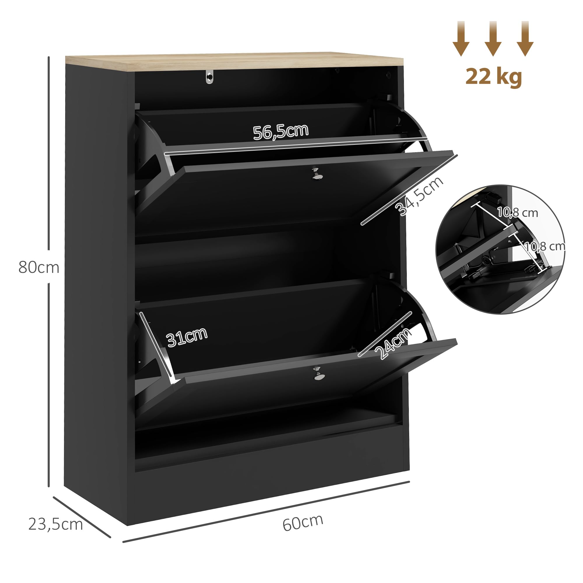 HOMCOM 12 Pairs Shoe Cabinet Narrow Modern Shoe Cabinet with 2 Folding Drawers and Adjustable Shelves for Hallway and Entryway, 60 x 23.5 x 80 cm, Black - Image 3