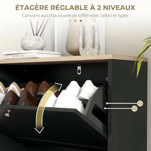 HOMCOM 12 Pairs Shoe Cabinet Narrow Modern Shoe Cabinet with 2 Folding Drawers and Adjustable Shelves for Hallway and Entryway, 60 x 23.5 x 80 cm, Black - Image 11