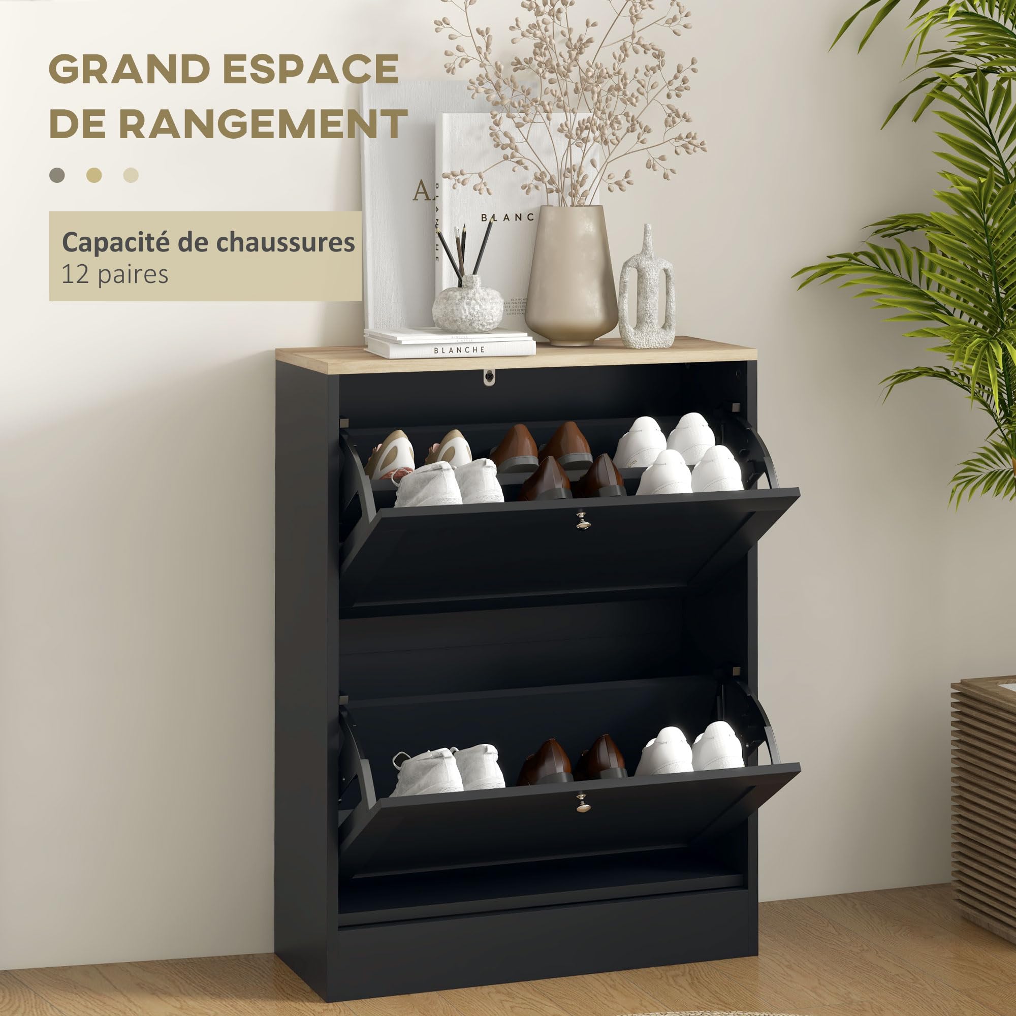 HOMCOM 12 Pairs Shoe Cabinet Narrow Modern Shoe Cabinet with 2 Folding Drawers and Adjustable Shelves for Hallway and Entryway, 60 x 23.5 x 80 cm, Black - Image 4