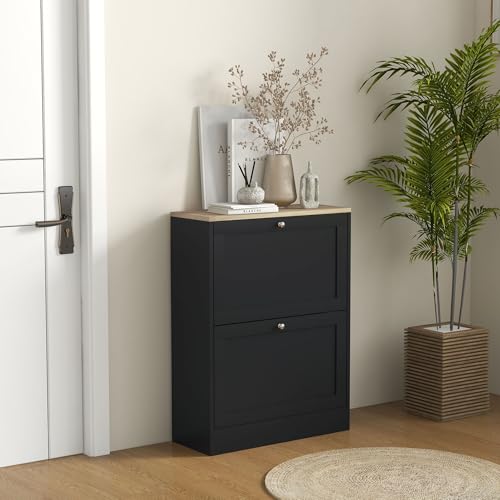 HOMCOM 12 Pairs Shoe Cabinet Narrow Modern Shoe Cabinet with 2 Folding Drawers and Adjustable Shelves for Hallway and Entryway, 60 x 23.5 x 80 cm, Black - Image 8